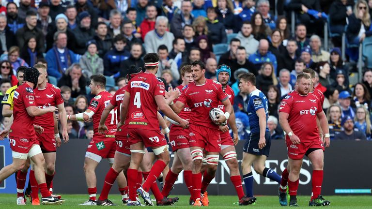 Scarlets' Aaron Shingler (ball in hand) celebrates scoring his side's second try during the Guinness PRO12, semi final match at the RDS Arena, Dublin