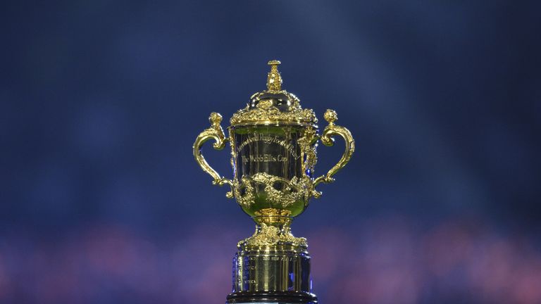 A picture shows the  Webb Ellis Cup during the opening ceremony of the 2015 Rugby World Cup at Twickenham stadium in south west London on September 18, 201