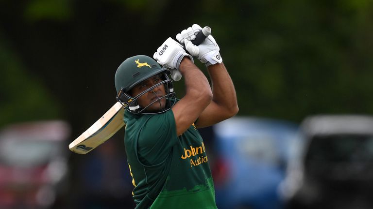 Samit Patel of Nottinghamshire hits out for six runs during the Royal London One-Day Cup match against Worcestershire