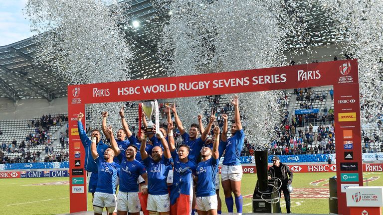  Samoa players celebrate their victory over Fiji in 2016