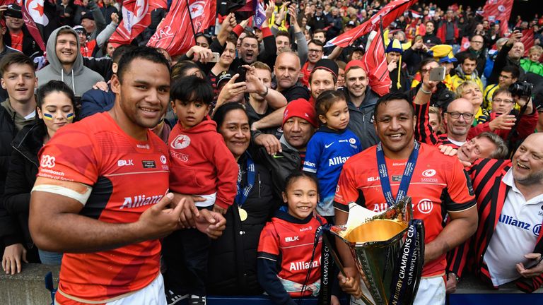 EDINBURGH, SCOTLAND - MAY 13 2017: Billy and Mako (R) Vunipola of Saracens celebrates with family after the European Rugby Champions Cup Final