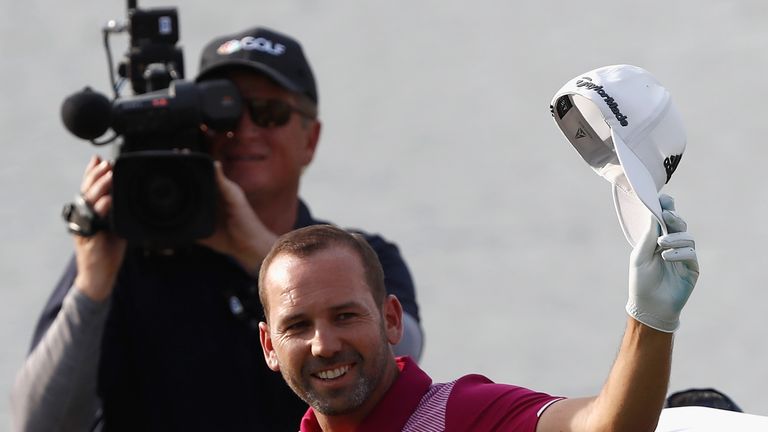 PONTE VEDRA BEACH, FL - MAY 11:  Sergio Garcia of Spain celebrates his hole in one on the 17th during the first round of the THE PLAYERS Championship at th