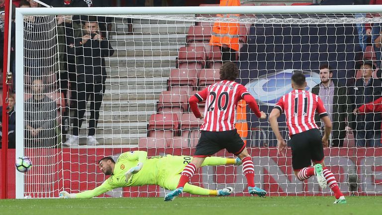 Sergio Romero saves Manolo Gabbiadini's penalty during Manchester United's clash with Southampton