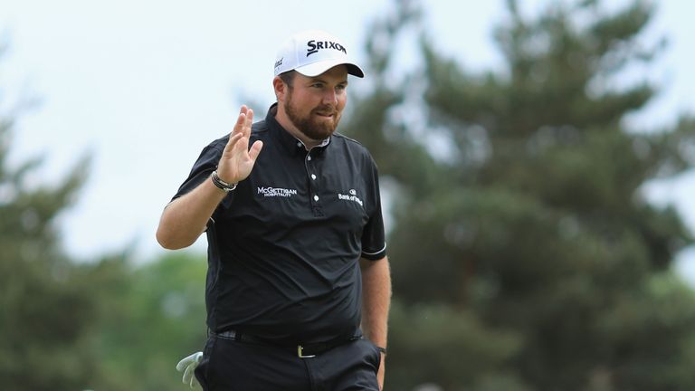 Shane Lowry of Ireland celebrates a birdie on the 7th hole during day four of the BMW PGA Championship at Wentworth