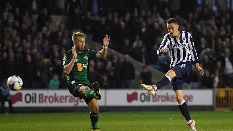 LONDON, ENGLAND - MAY 04:  Shaun Williams of Millwall shoots during the Sky Bet League One playoff semi final, first leg match between Millwall and Scuntho