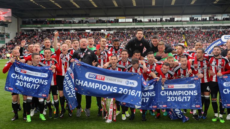 SHEFFIELD, ENGLAND - APRIL 30:  Sheffield United team celebrate as they win promotion into next seasons Sky Bet Championship afte the Sky Bet League One ma