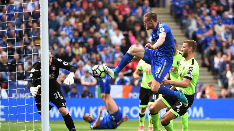 LEICESTER, ENGLAND - MAY 21:  Jamie Vardy of Leicester City scores his sides first goal during the Premier League match between Leicester City and AFC Bour