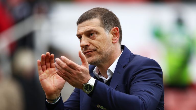 Slaven Bilic, Manager of West Ham United applauds supporters during the Premier League match against Stoke City