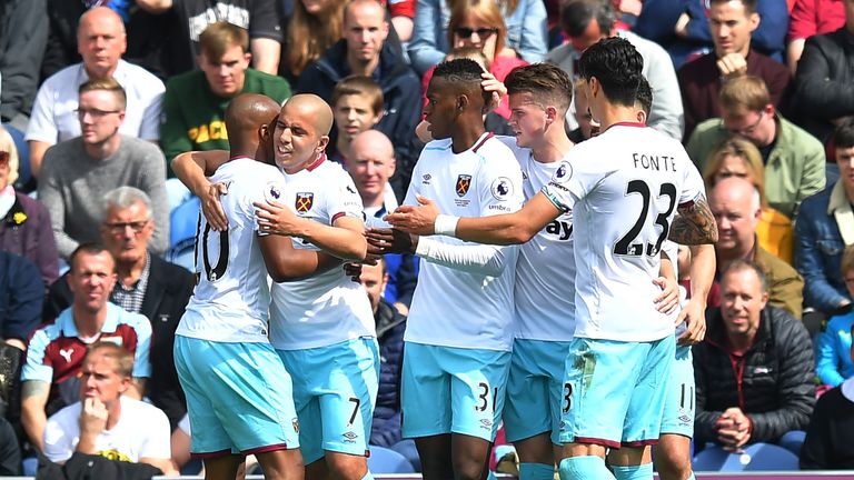 West Ham United's Sofiane Feghouli (second left) is congratulated on scoring his team's equaliser