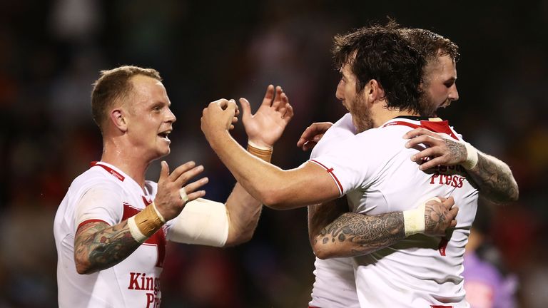 Stefan Ratchford is congratulated by team-mates after scoring a try