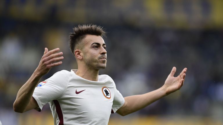 AS Roma's Italian forward Stephan El Shaarawy celebrates after scoring during the Italian Serie A football match Chievo vs AS Roma at the Marcantonio Bente