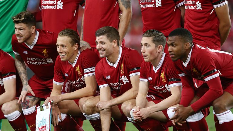 Steven Gerrard poses in a Liverpool line-up ahead of their anniversary friendly against Sydney FC 