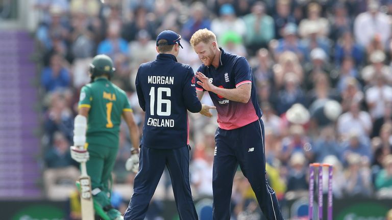 England's Ben Stokes celebrates with Eoin Morgan after taking the wicket of South Africa's Hashim Amla during the One Day International at the Ageas Bowl