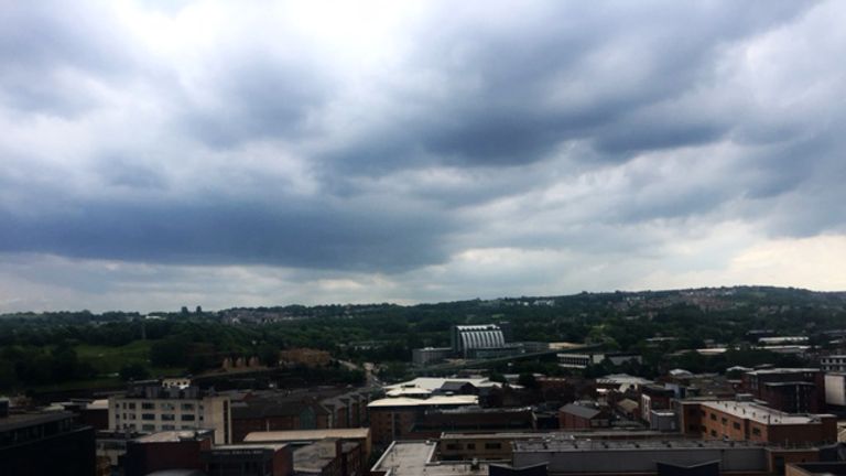 The storm gathering over Bramall Lane, Sheffield at 2pm today