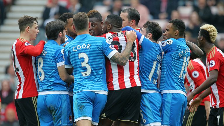 Tempers flare between Sunderland and Bournemouth players during the Premier League match at the Stadium of Light