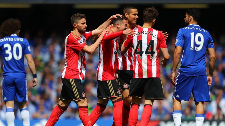 Javier Manquillo celebrates after scoring Sunderland's opening goal at Stamford Bridge