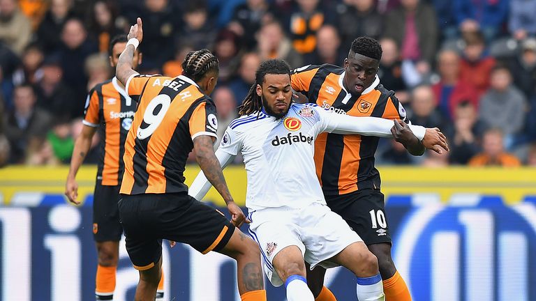 Jason Denayer and Alfred N'Diaye in action during the Premier League match at the KCOM Stadium