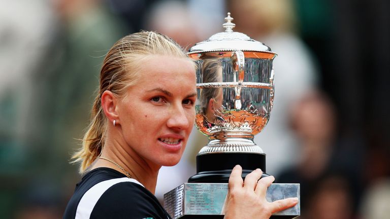 PARIS - JUNE 06:  Svetlana Kuznetsova of Russia poses with the trophy following her victory during the Women's Singles Final match against Dinara Safina of
