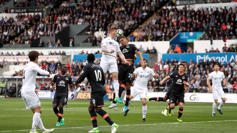 Alfie Mawson and Dominic Calvert-Lewin contest a header at the Liberty Stadium