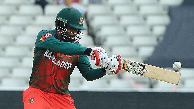Bangladesh batsman Tamim Iqbal plays a shot on his way to his century during an ICC Champions Trophy Warm-up match between Pakistan and Bangladesh at Edgba