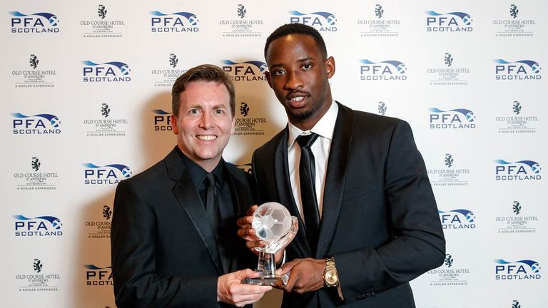 Sky Sports’ David Tanner with Moussa Dembele, who won the goal of the season award 