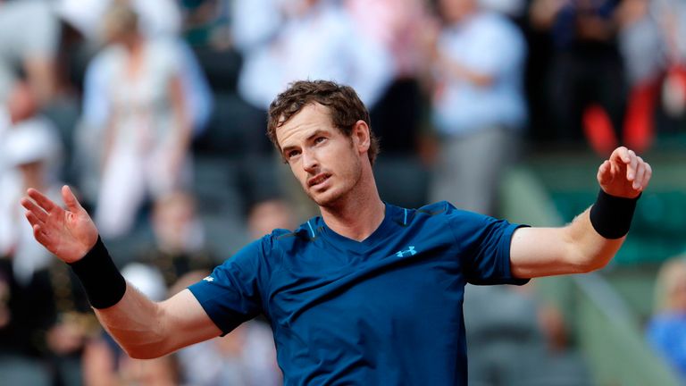 Britain's Andy Murray reacts after winning his tennis match against Russia's Andrey Kuznetsov at the Roland Garros 2017 French Open