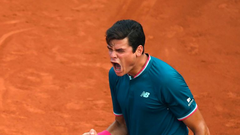 Canada's Milos Raonic reacts during his tennis match against Brazil's Rogerio Dutra Silva at the Roland Garros 2017 French Open