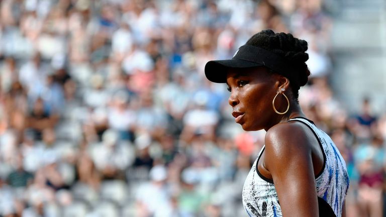 US Venus Williams reacts after a point as she plays against China's Wang Qiang during their tennis match at the Roland Garros 2017 French Open
