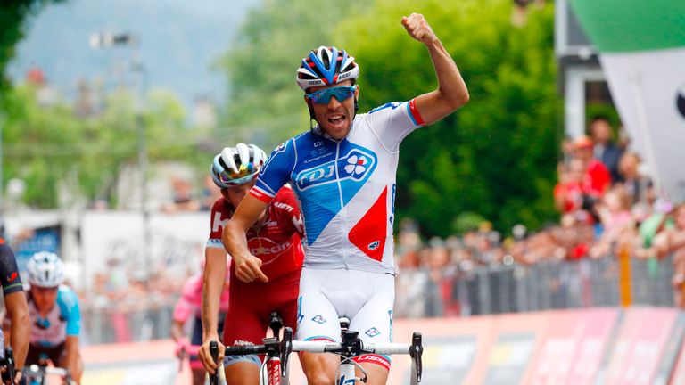French cyclist Thibaut Pinot of Team FDJ crosses the finish line and wins the 20th stage of 100th Giro d'Italia, Tour of Italy, from Pordenone to Asiago of