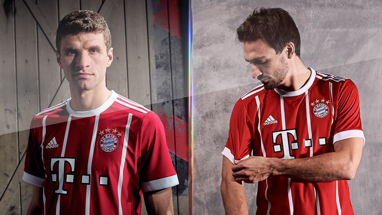Thomas Muller and Mats Hummels model Bayern Munich's new 2017/18 home kit. Pic: adidas