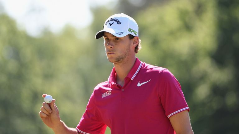 VIRGINIA WATER, ENGLAND - MAY 26:  Thomas Pieters of Belgium reacts on the 6th green during day two of the BMW PGA Championship at Wentworth on May 26, 201