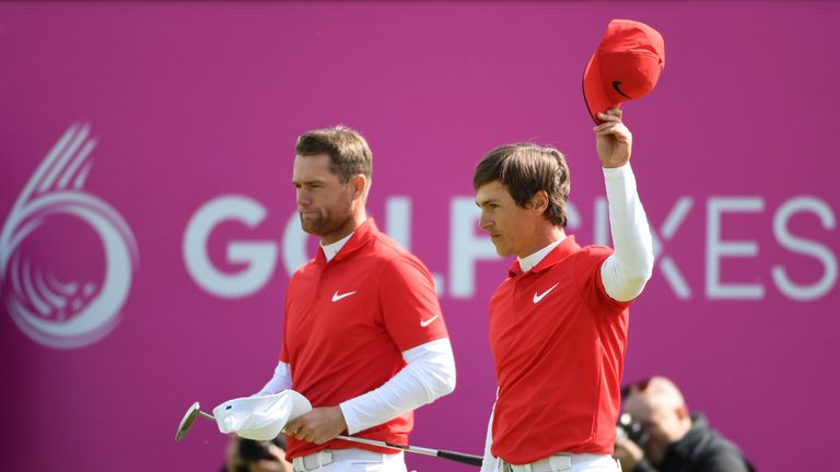 Thorbjorn Olesen and Lucas Bjerregaard celebrate victory at the GolfSixes
