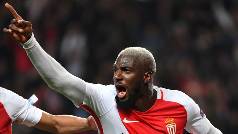 Monaco's French midfielder Tiemoue Bakayoko celebrates after scoring a goal during the UEFA Champions League round of 16 football match between Monaco and 