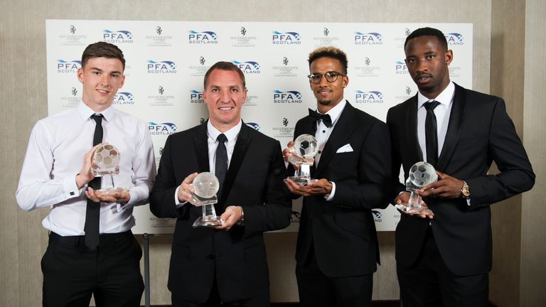 Celtic's Kieran Tierney, Brendan Rodgers, Scott Sinclair, and Moussa Dembele with their awards.