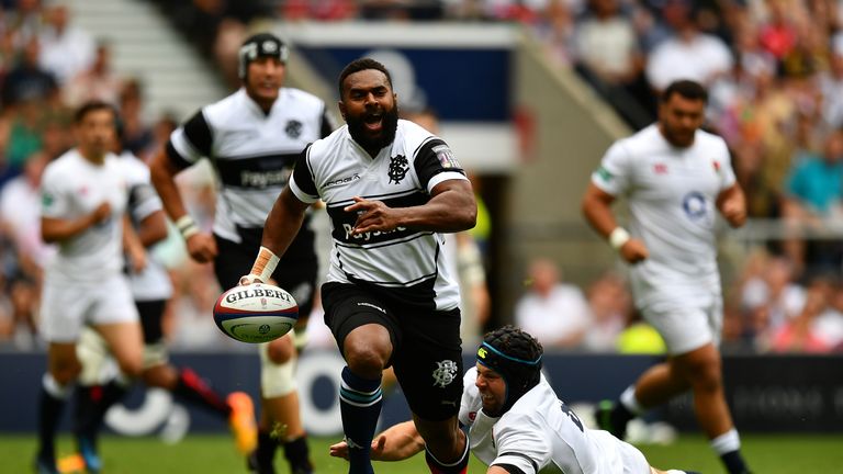 Nagusa skips past the tackle of Josh Beaumont 