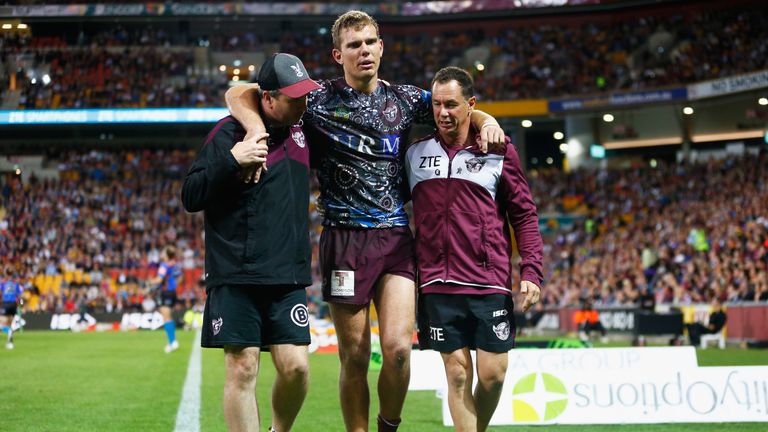 MAY 13 2017: Tom Trbojevic of the Sea Eagles suffers an injury during the round 10 NRL match between the Manly Sea Eagles and the Brisbane Broncos