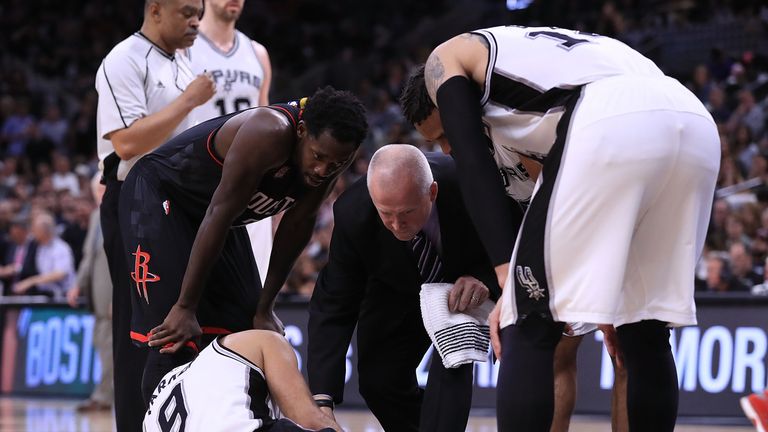 Tony Parker (grounded) of the San Antonio Spurs was injured on Wednesday night