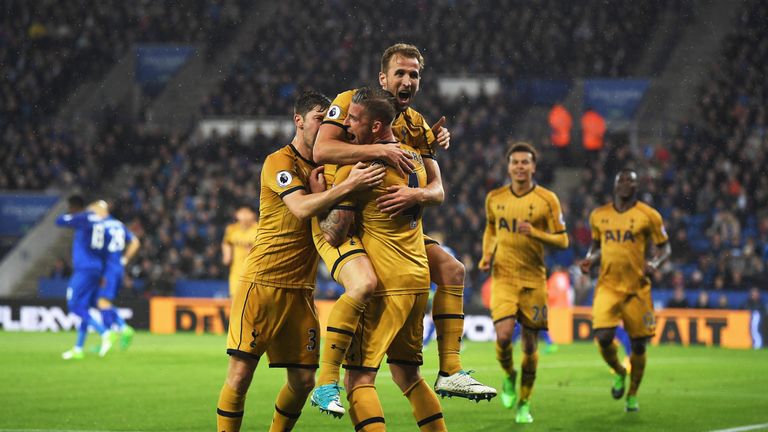 LEICESTER, ENGLAND - MAY 18:  Harry Kane of Tottenham Hotspur (C) celebrates as he scores their third goal with team mates during the Premier League match 