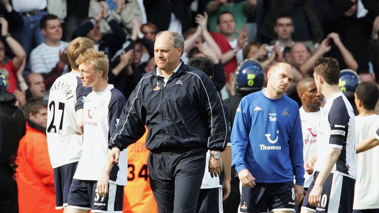 LONDON - MAY 07: Martin Jol, manager of Tottenham Hotspur, (C) looked dejected as his team miss out on a Champions League place following  the Barclays Pre