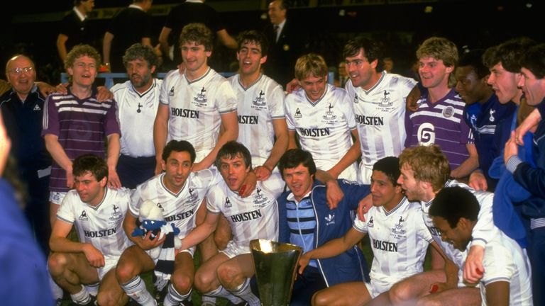 23 May 1984:  The Tottenham Hotspur team celebrate after their victory in the UEFA Cup final against Anderlecht at White Hart Lane in London. Tottenham Hot