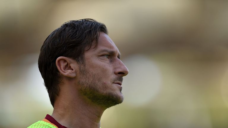 Roma's forward from Italy Francesco Totti looks on during the Italian Serie A football match AS Roma vs Atalanta at the Olympic Stadium in Rome on April 15