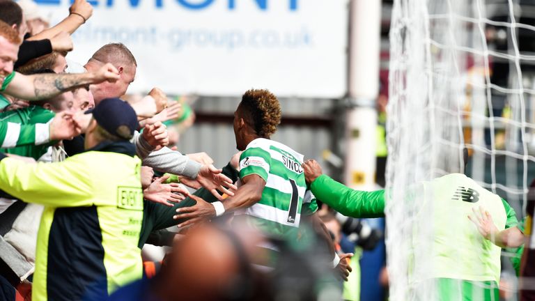 Sinclair celebrates his winner on his debut at Tynecastle in August