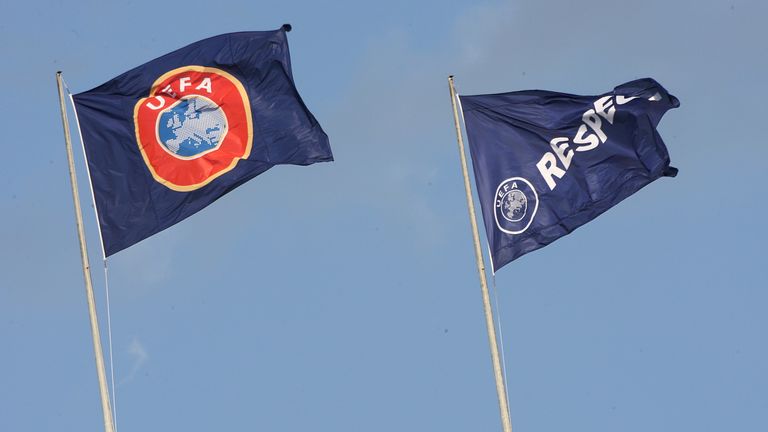 A UEFA flag flies next to a 'Respect' flag at the Nou Camp, Barcelona, April 2009