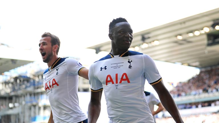 LONDON, ENGLAND - MAY 14:  Victor Wanyama of Tottenham Hotspur celebrates scoring his sides first goal with Harry Kane of Tottenham Hotspur during the Prem