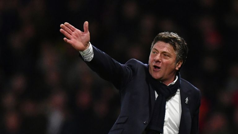 WATFORD, ENGLAND - MAY 01:  Walter Mazzarri the manager of Watford reacts during the Premier League match between Watford and Liverpool at Vicarage Road on