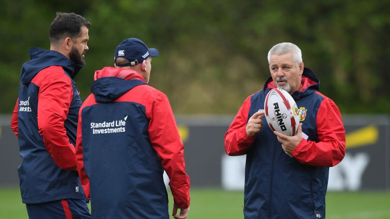 CARDIFF, WALES - MAY 15:  British & Irish Lions head coach Warren Gatland in discussion with coaches Andy Farrell and Neil Jenkins during a British and Iri