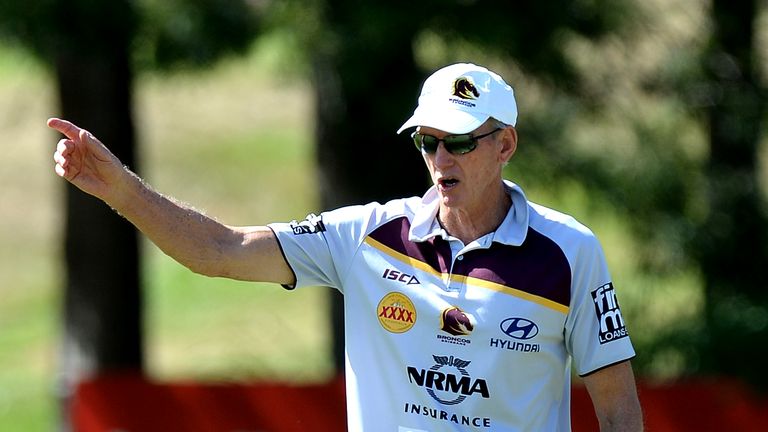 BRISBANE - MARCH 01:  Coach Wayne Bennett calls out instructions to his players during a Brisbane Broncos NRL training session on March 1, 2017 