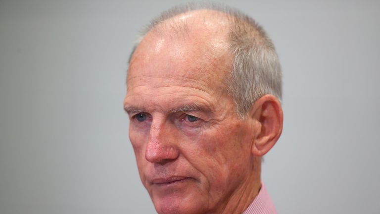 BRISBANE, AUSTRALIA - MARCH 05 2015:  Broncos coach Wayne Bennett speaks to media after losing the round one NRL match against the Rabbitohs