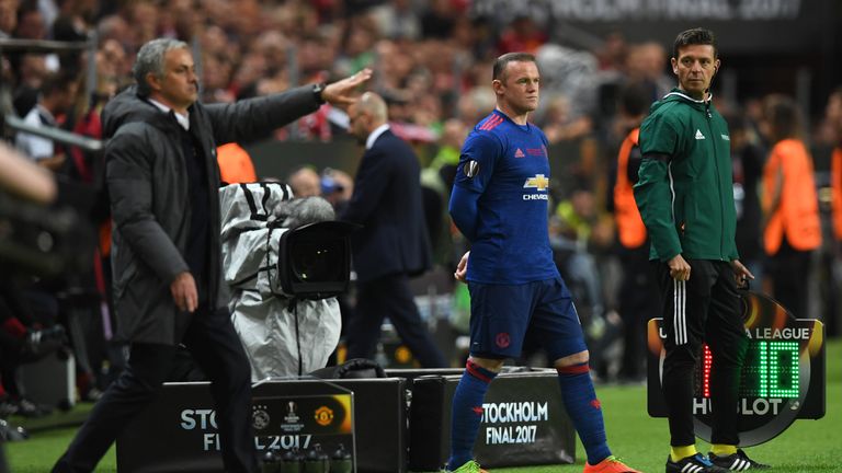 Manchester United's English striker Wayne Rooney (C) prior enering the pitch during the UEFA Europa League final football match Ajax Amsterdam v Manchester