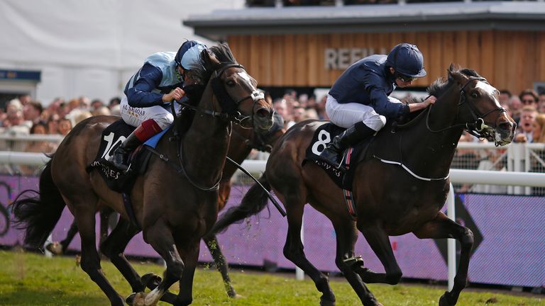 Western Hymn (L) arrives with a late challenge to win the Ormonde Stakes from US Army Ranger.